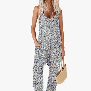 Floral Print Jumpsuit - Blue and White